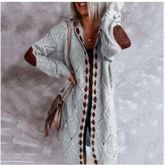 Large Camisa light gray hooded cardigan with brown elbow patches and stitching - Picture 12 of 13